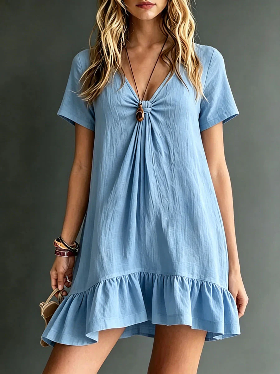 Women's V-Neck Short-Sleeve Midi Dress – Ice Silk Crepe Loose Casual - Image 7