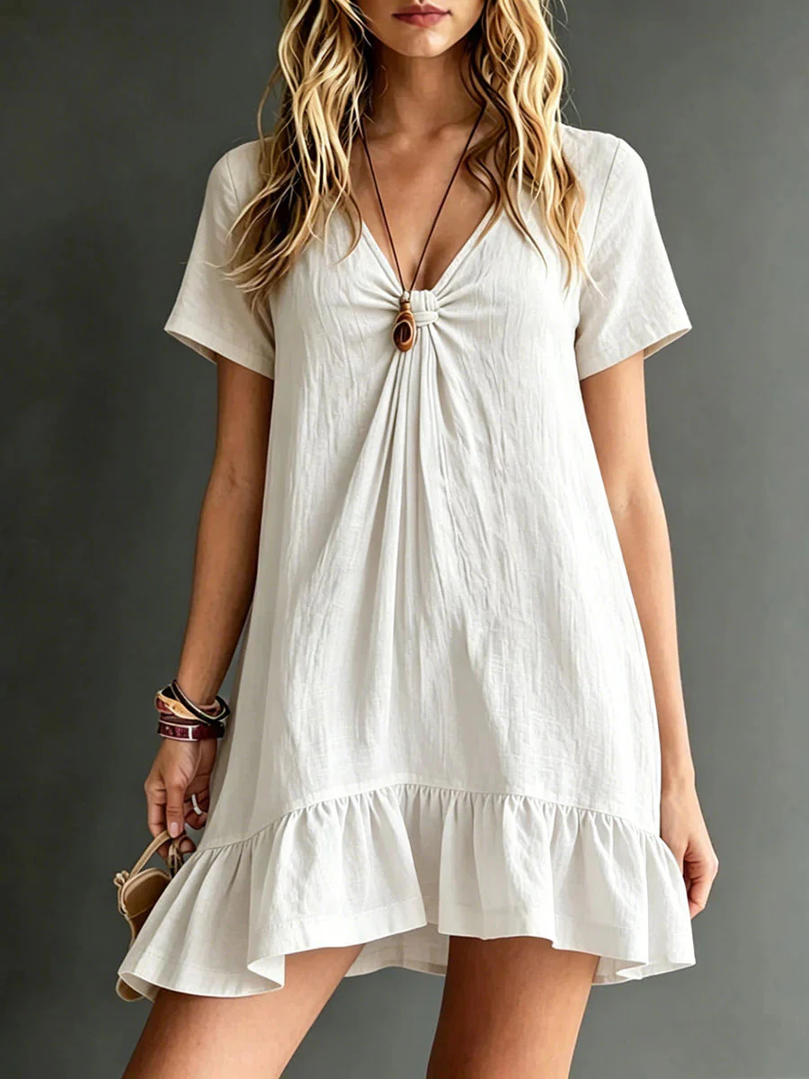 Women's V-Neck Short-Sleeve Midi Dress – Ice Silk Crepe Loose Casual - Image 8
