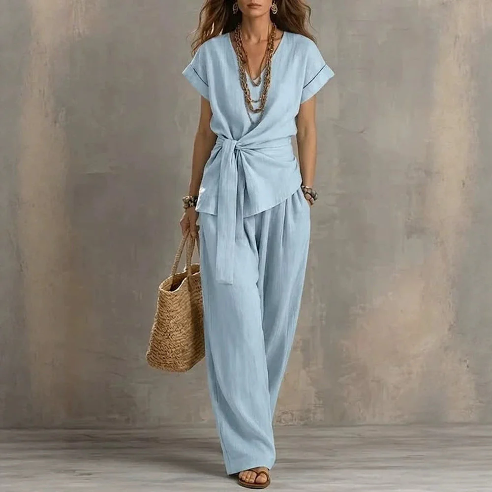 Women's V-Neck Short-Sleeve Top & Pants Two-Piece Set - Image 3