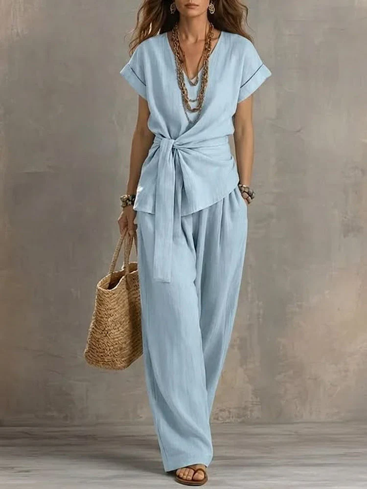 Women's V-Neck Short-Sleeve Top & Pants Two-Piece Set - Image 6