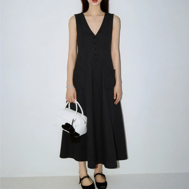 Women's V-Neck Sleeveless Button-Up Pencil Dress - Image 6