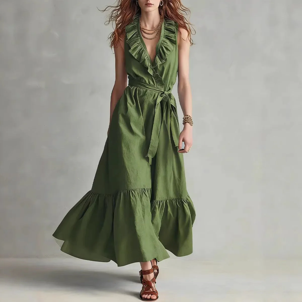 Women's V-Neck Sleeveless Lace-Up Panelled Maxi Dress – Wide Flare