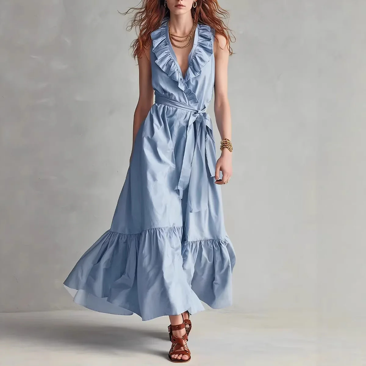 Women's V-Neck Sleeveless Lace-Up Panelled Maxi Dress – Wide Flare - Image 3