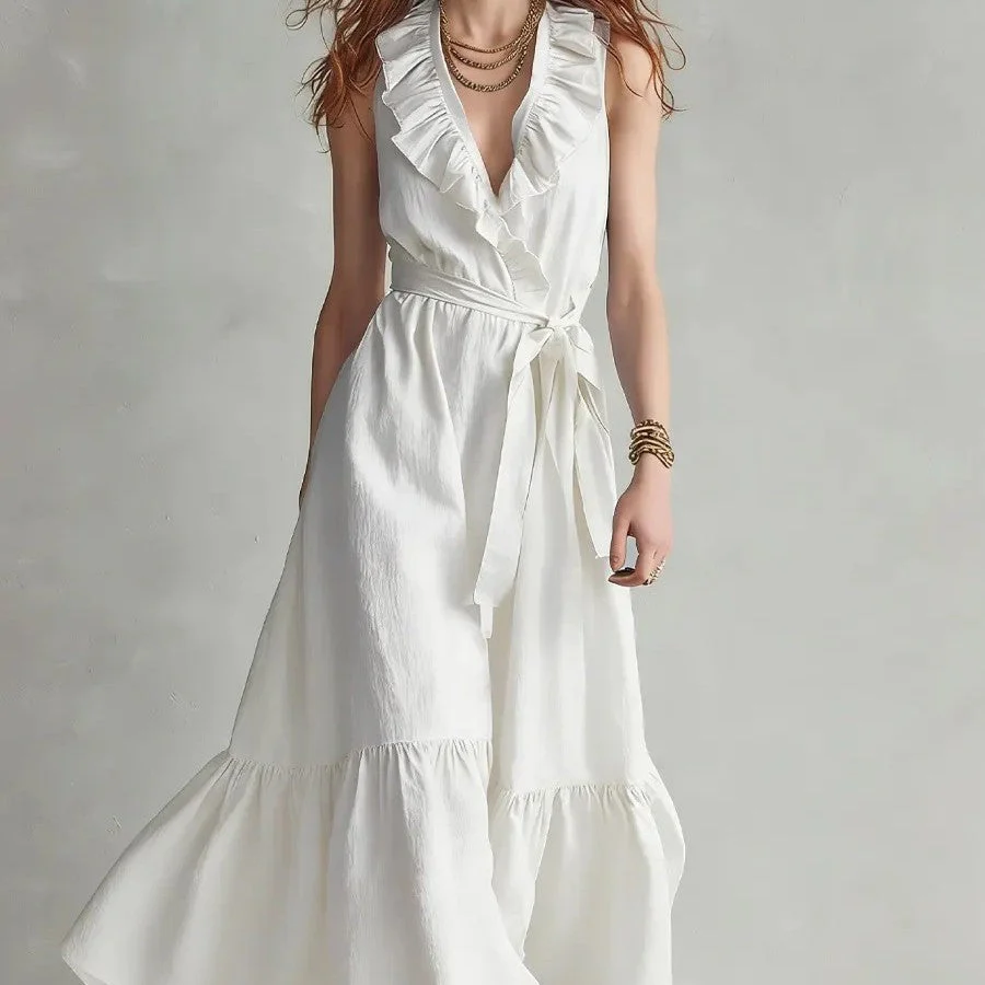Women's V-Neck Sleeveless Lace-Up Panelled Maxi Dress – Wide Flare - Image 5
