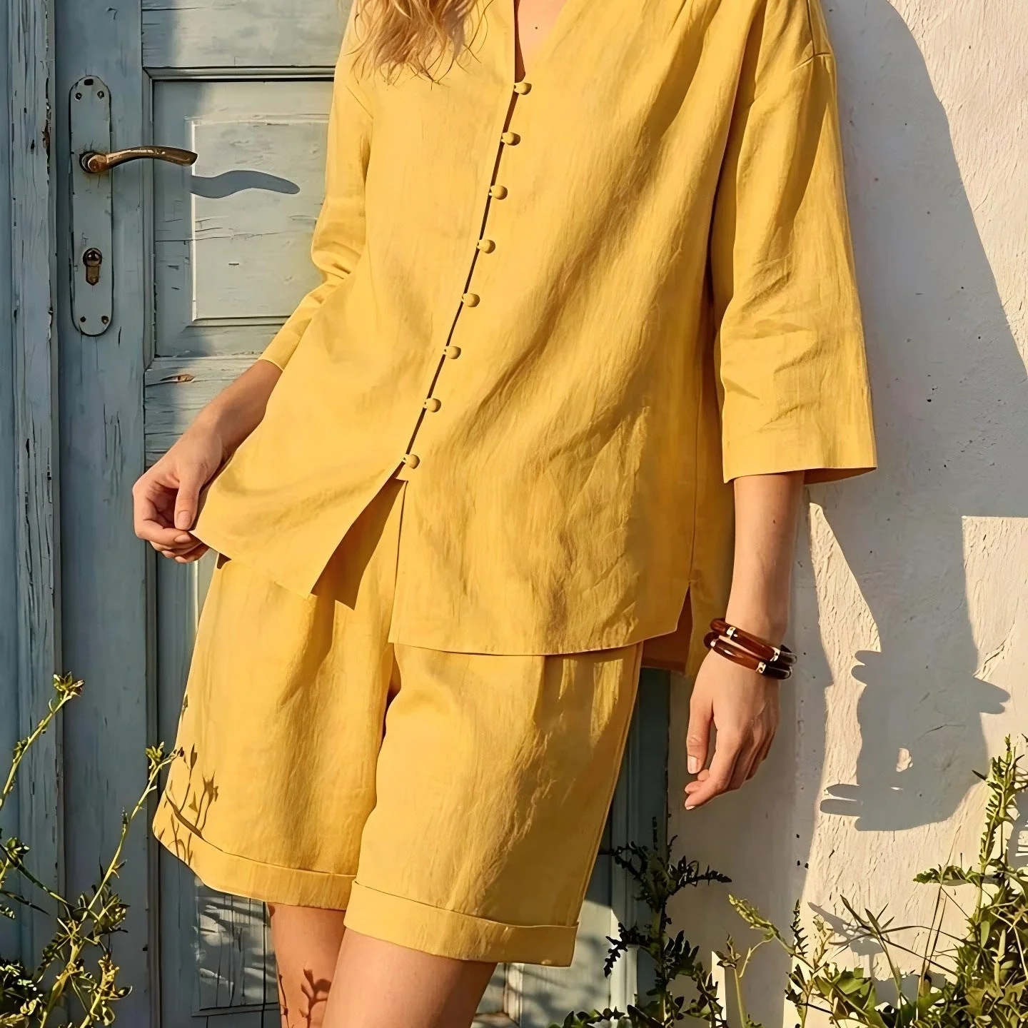 Women's V-Neck Top & High-Waist Wide-Leg Shorts Two-Piece Set - Image 4