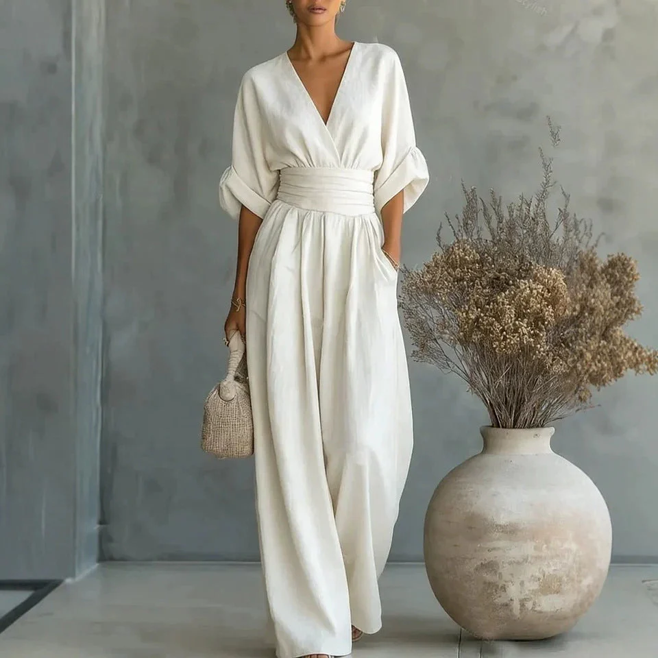 Women's V-Neck Wide-Leg Jumpsuit – High Waist Pleated Elegant 11 Colors S–5XL - Image 11
