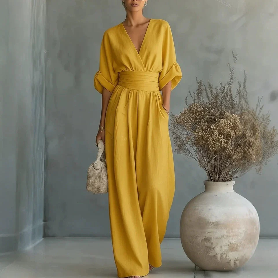 Women's V-Neck Wide-Leg Jumpsuit – High Waist Pleated Elegant 11 Colors S–5XL - Image 13
