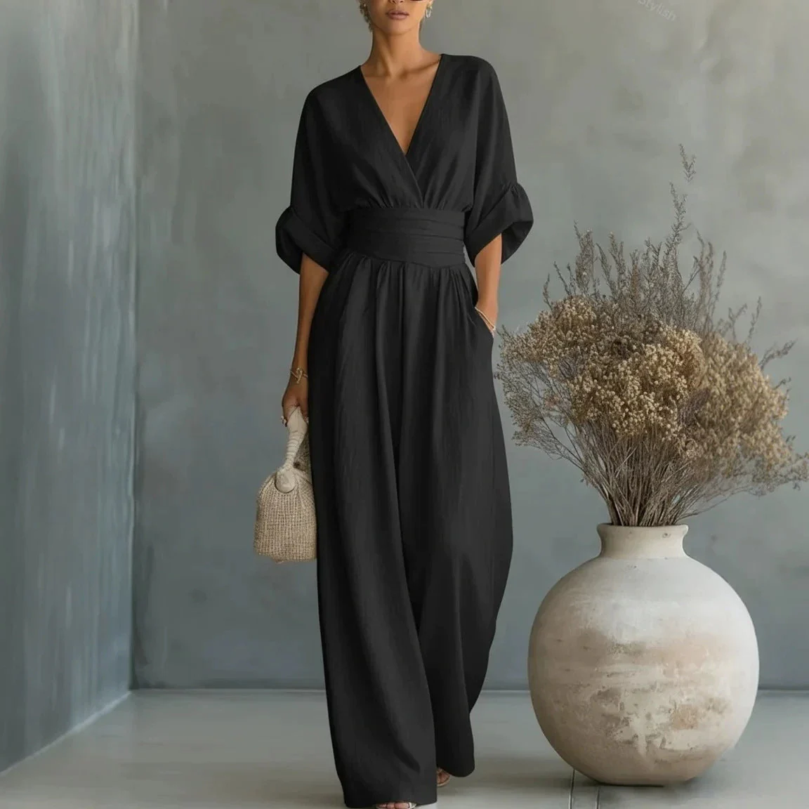 Women's V-Neck Wide-Leg Jumpsuit – High Waist Pleated Elegant 11 Colors S–5XL - Image 4