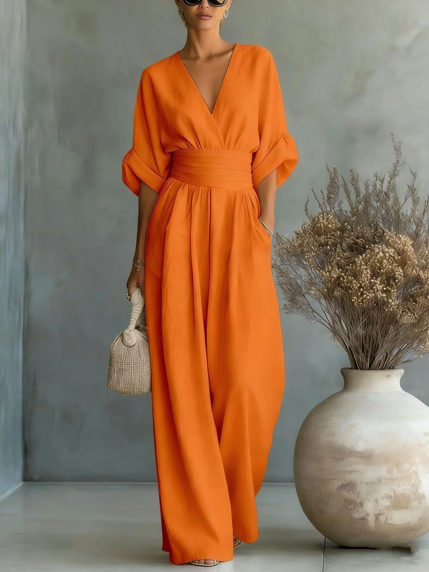 Women's V-Neck Wide-Leg Jumpsuit – High Waist Pleated Elegant 11 Colors S–5XL - Image 8