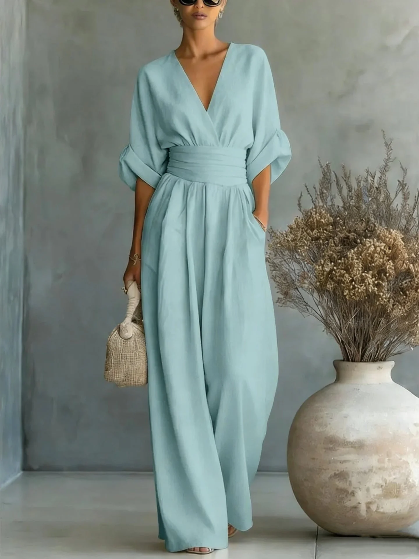 Women's V-Neck Wide-Leg Jumpsuit – High Waist Pleated Elegant 11 Colors S–5XL - Image 9