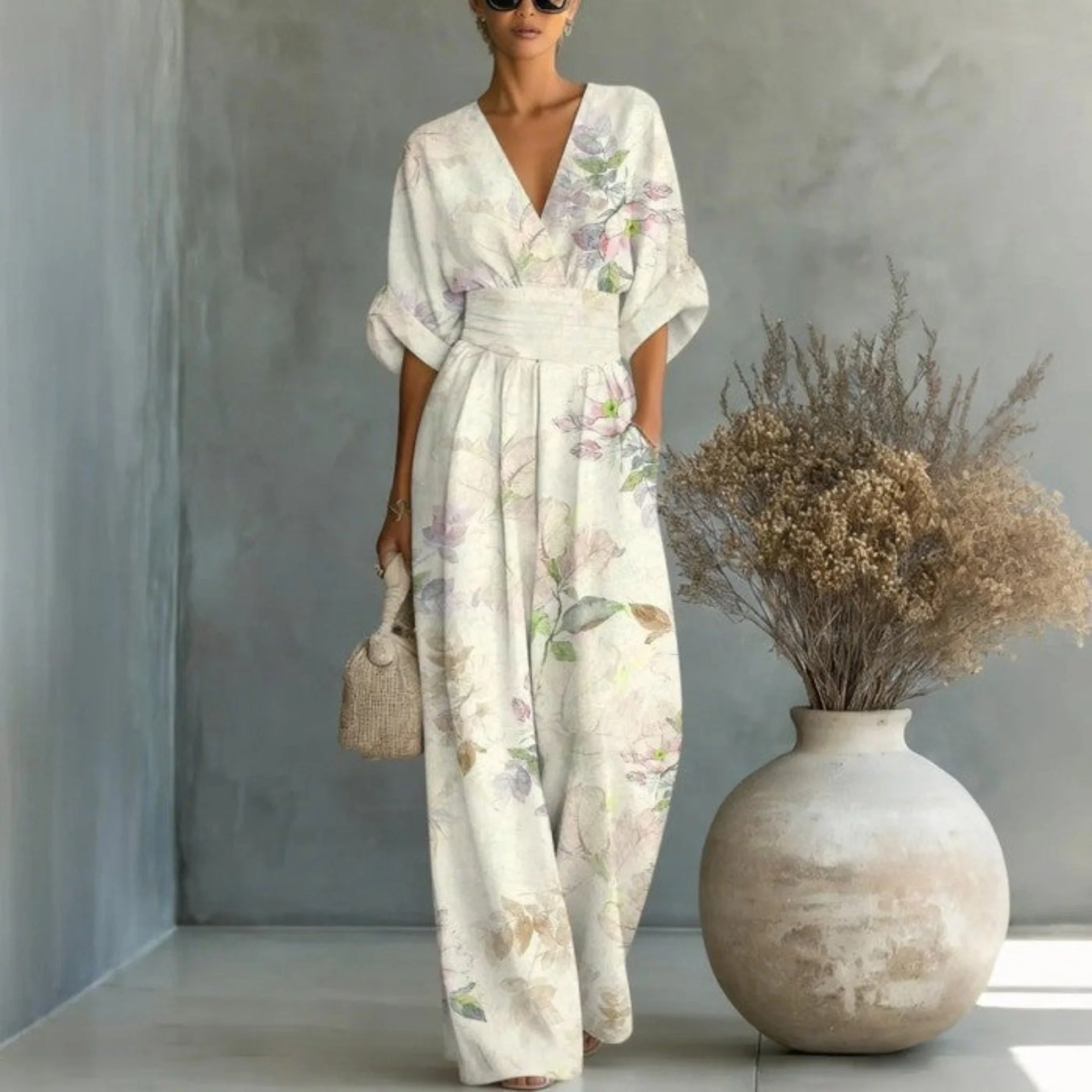 Women's Waist-Cinched V-Neck Printed Wide-Leg Jumpsuit - Image 2