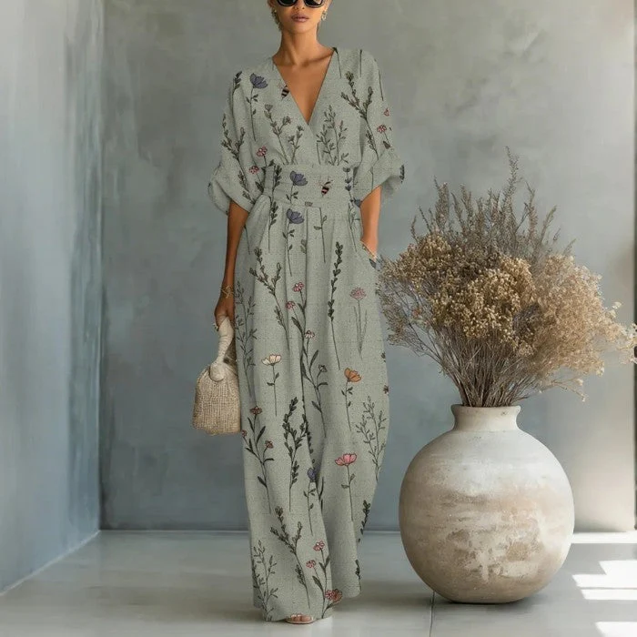 Women's Waist-Cinched V-Neck Printed Wide-Leg Jumpsuit - Image 3