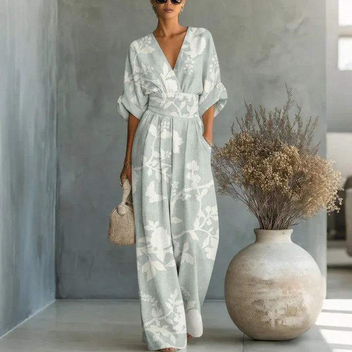 Women's Waist-Cinched V-Neck Printed Wide-Leg Jumpsuit - Image 4