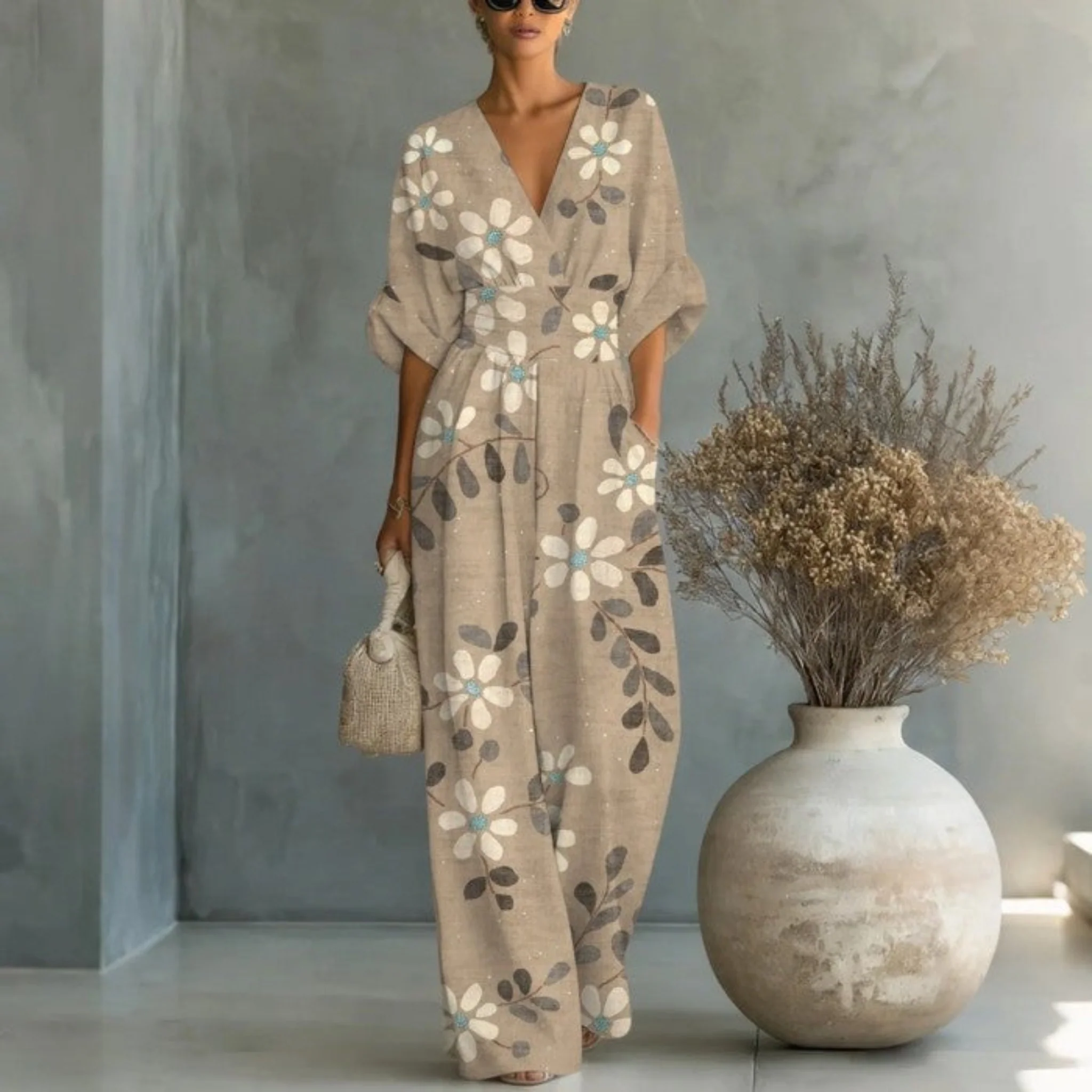 Women's Waist-Cinched V-Neck Printed Wide-Leg Jumpsuit - Image 5
