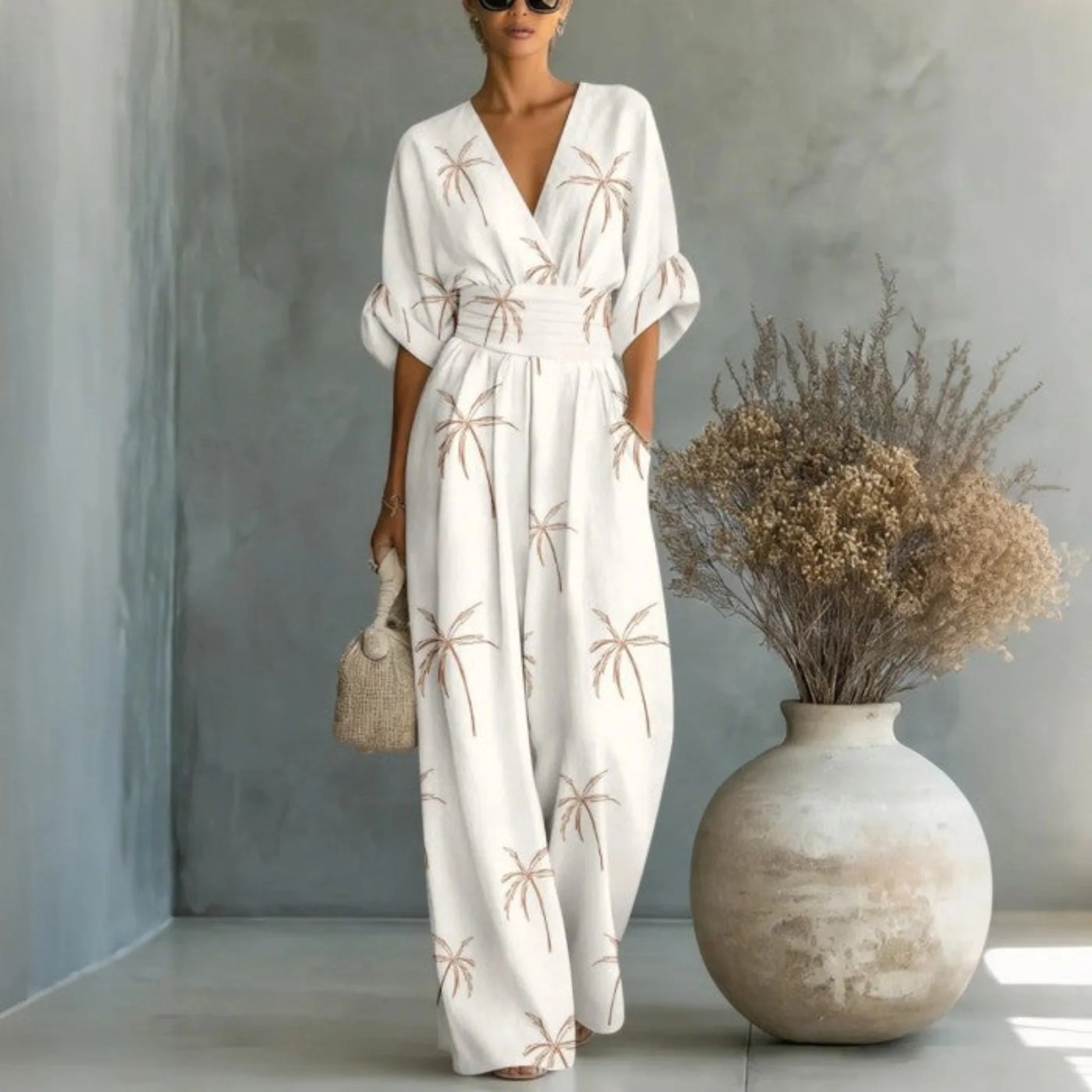 Women's Waist-Cinched V-Neck Printed Wide-Leg Jumpsuit - Image 7