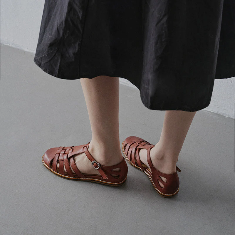 Women's Washed Full Grain Leather Fisherman Sandals – Closed-Toe Woven T-Strap - Image 3