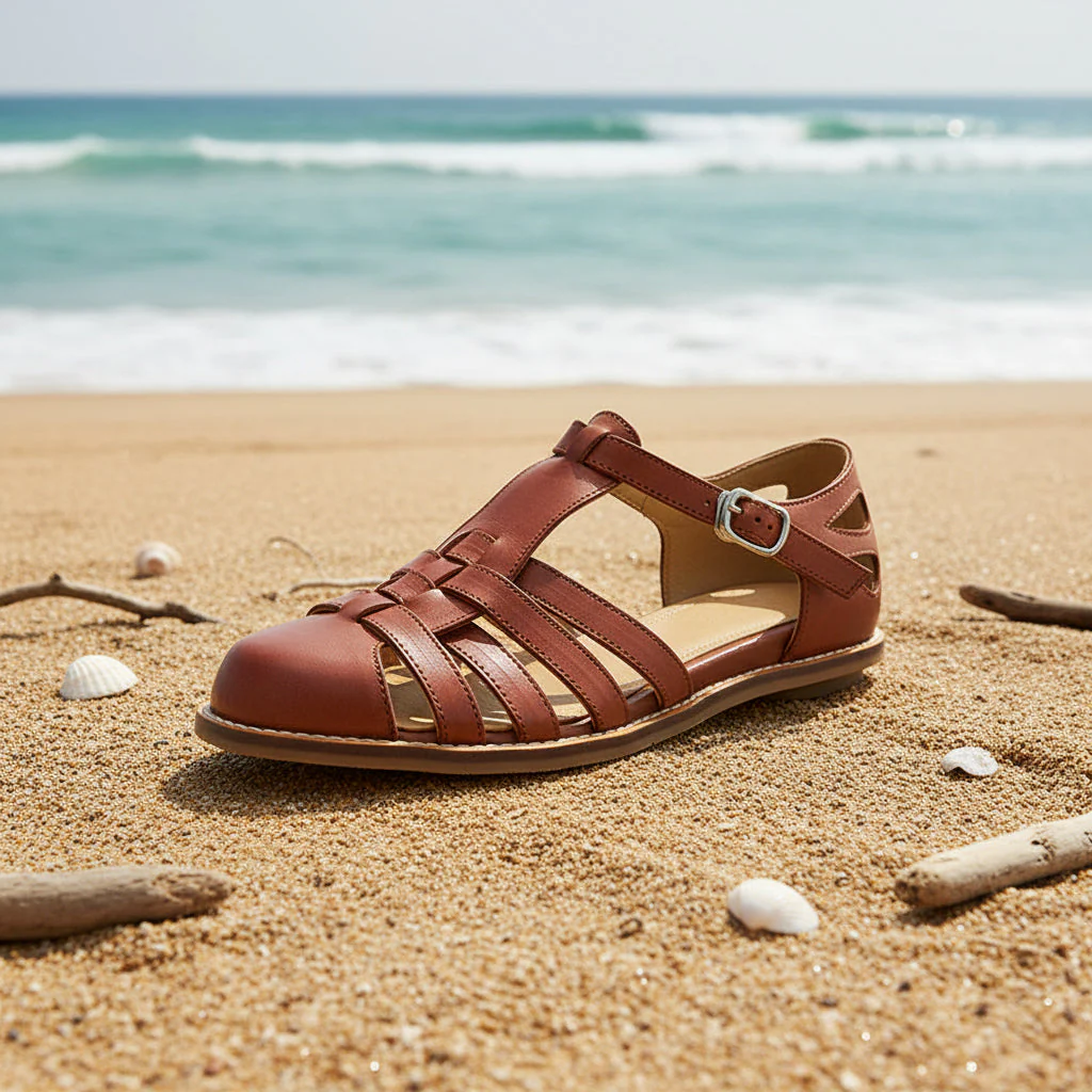 Women's Washed Full Grain Leather Fisherman Sandals – Closed-Toe Woven T-Strap - Image 10