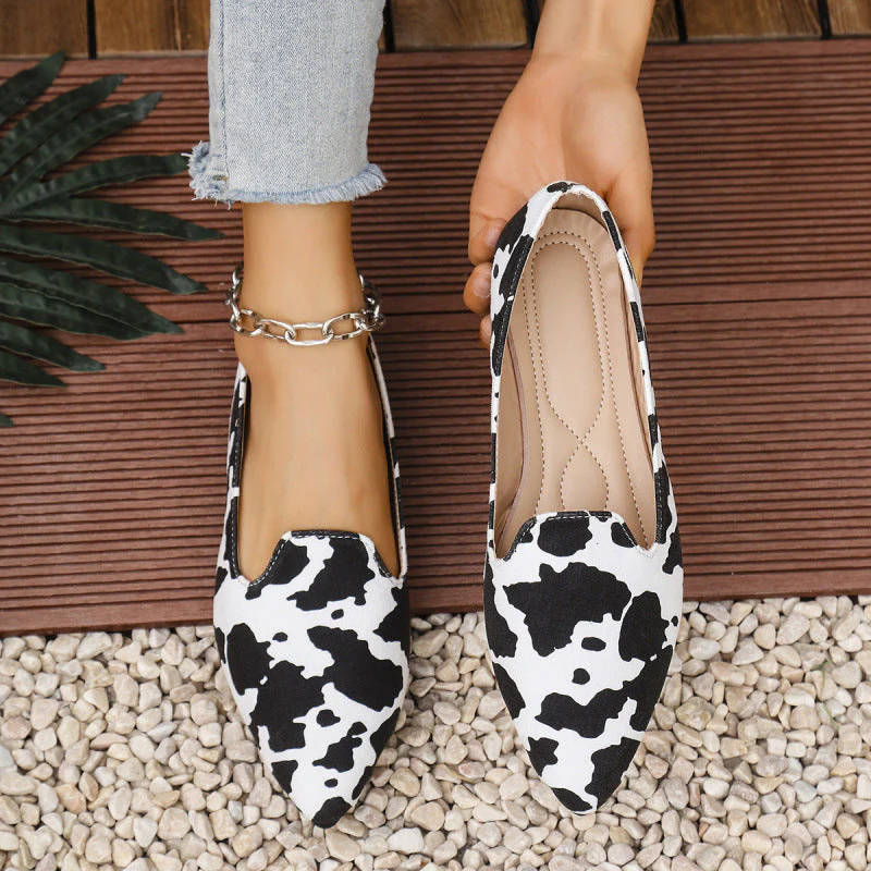 Women's Wide-Fit Breathable Pointed-Toe Flat Shoes – Cow Print Casual Flats - Image 3