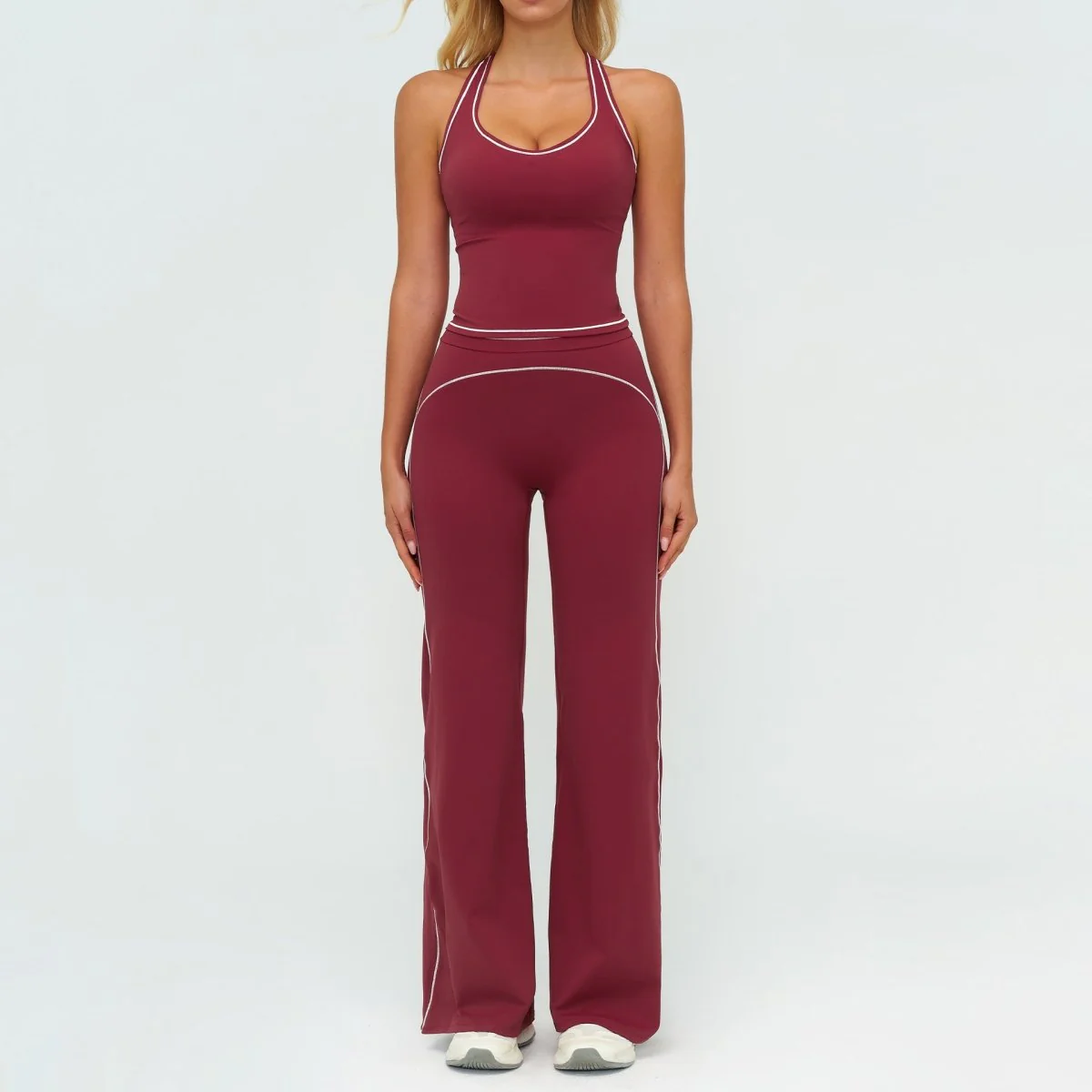 Womens Yoga Set V-neck Sleeveless Tops And Slim Straight Pants Summer Gym Sports Clothing - Image 4