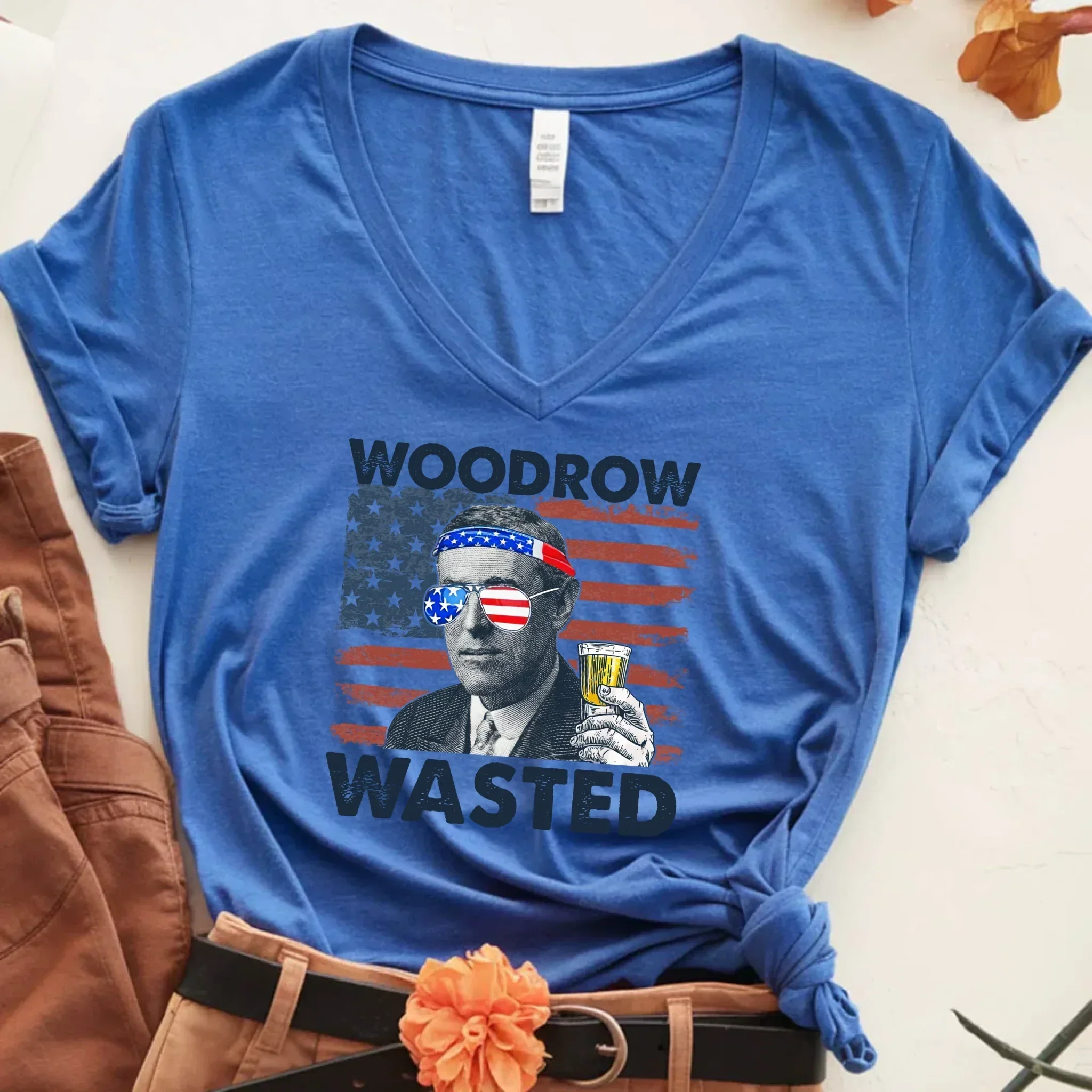 Woodrow Wasted 4th of July Unisex V-Neck Shirt – Wilson Patriotic Drinking T-Shirt - Image 3