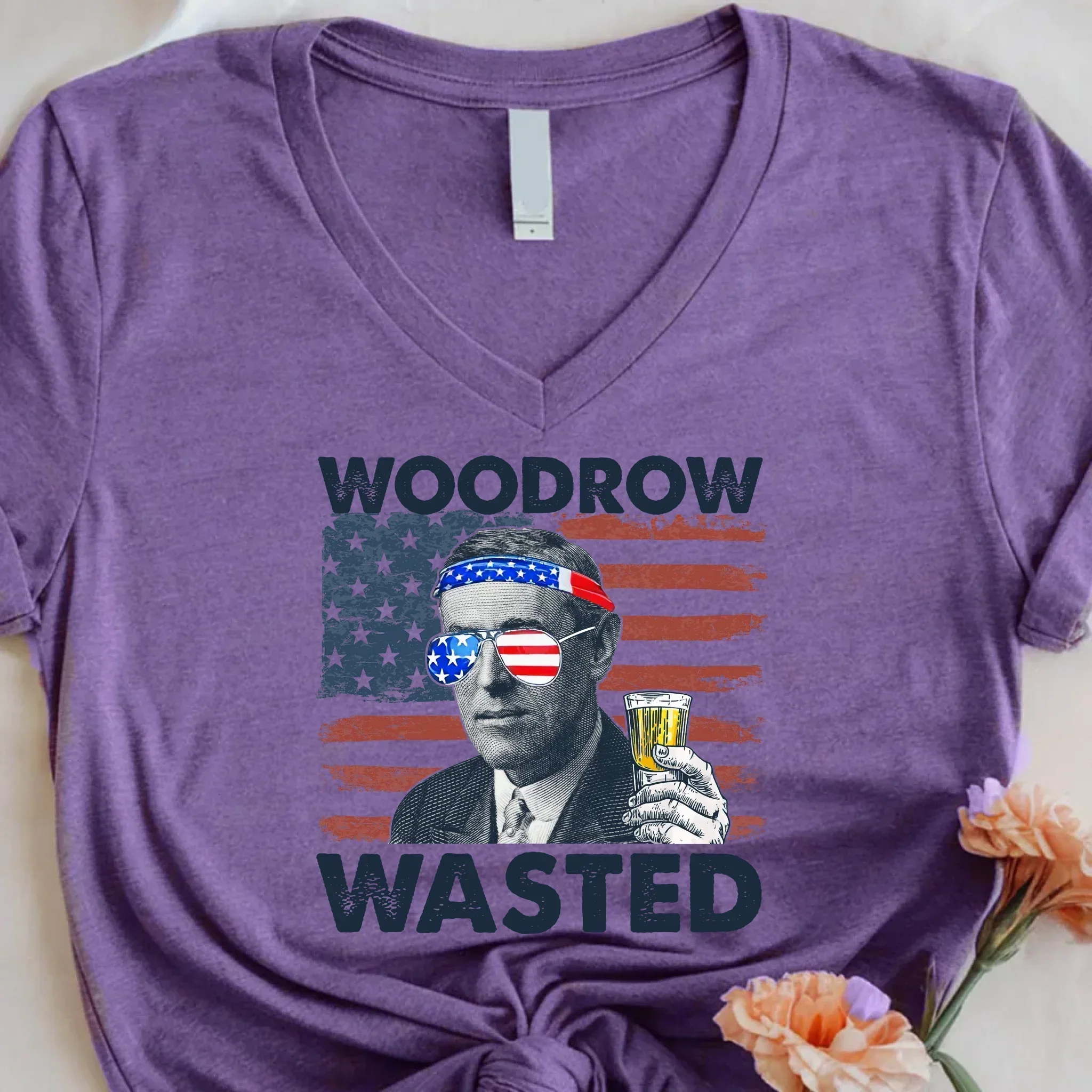Woodrow Wasted 4th of July Unisex V-Neck Shirt – Wilson Patriotic Drinking T-Shirt - Image 4