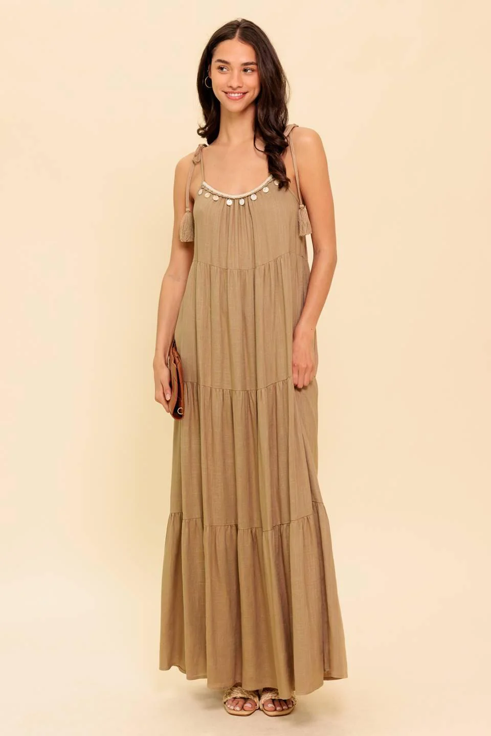 World of Possiblilities Taupe Woven Maxi Dress - Image 3