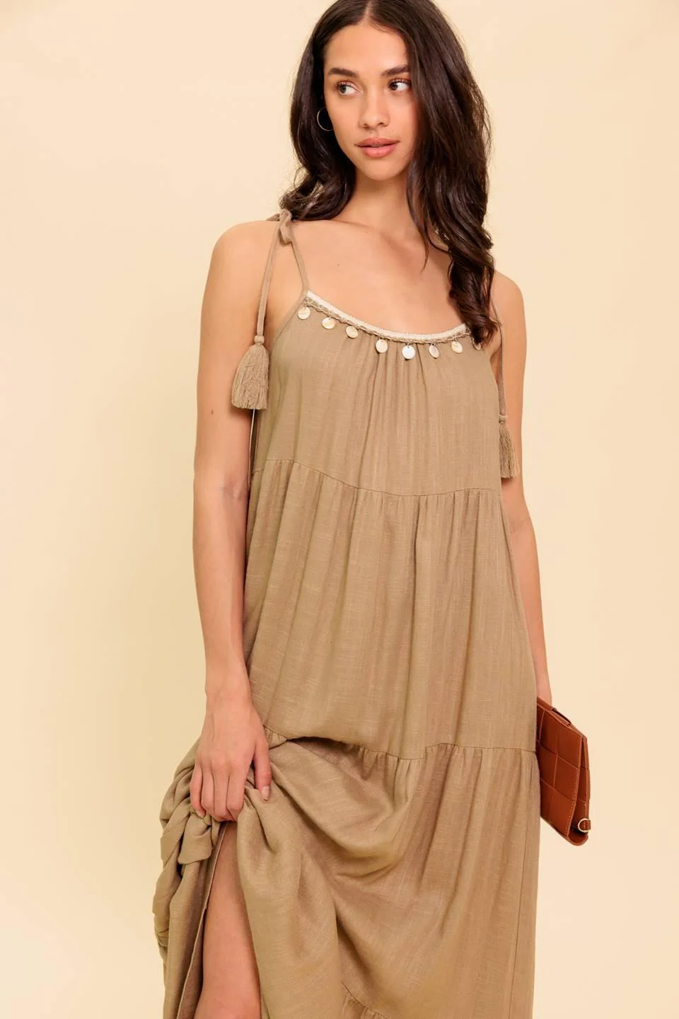 World of Possiblilities Taupe Woven Maxi Dress - Image 6