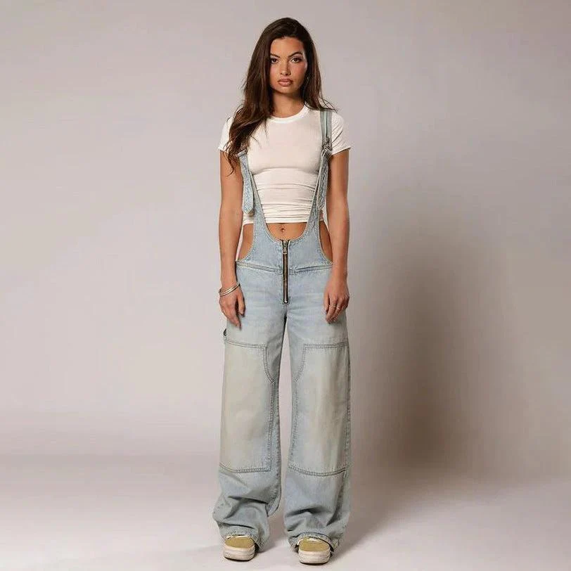 Y2K Denim Overalls - Zipper Suspender Jumpsuit Streetwear - Image 10