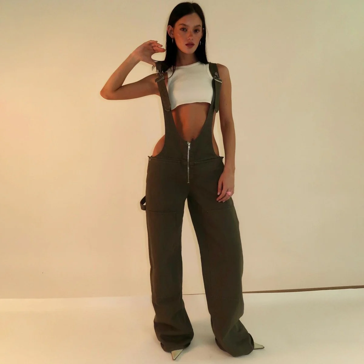 Y2K Denim Overalls - Zipper Suspender Jumpsuit Streetwear - Image 3