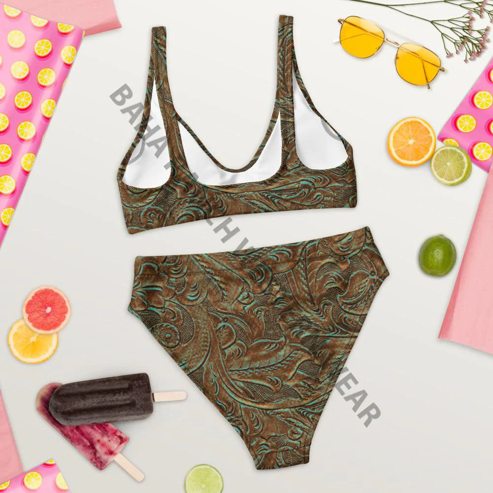 Yeehaw Turquoise Tooled Leather Print Bikini - Image 3