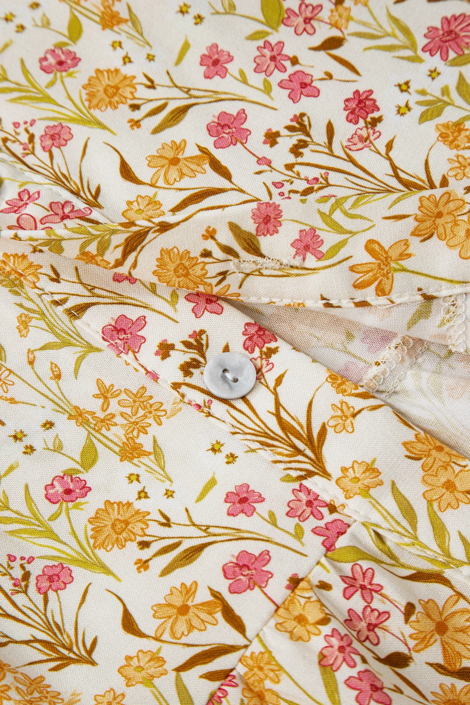 Yellow Floral Print Frilly Trim Smocked Cuff Long Sleeve Loose Shirt Dress - Image 12