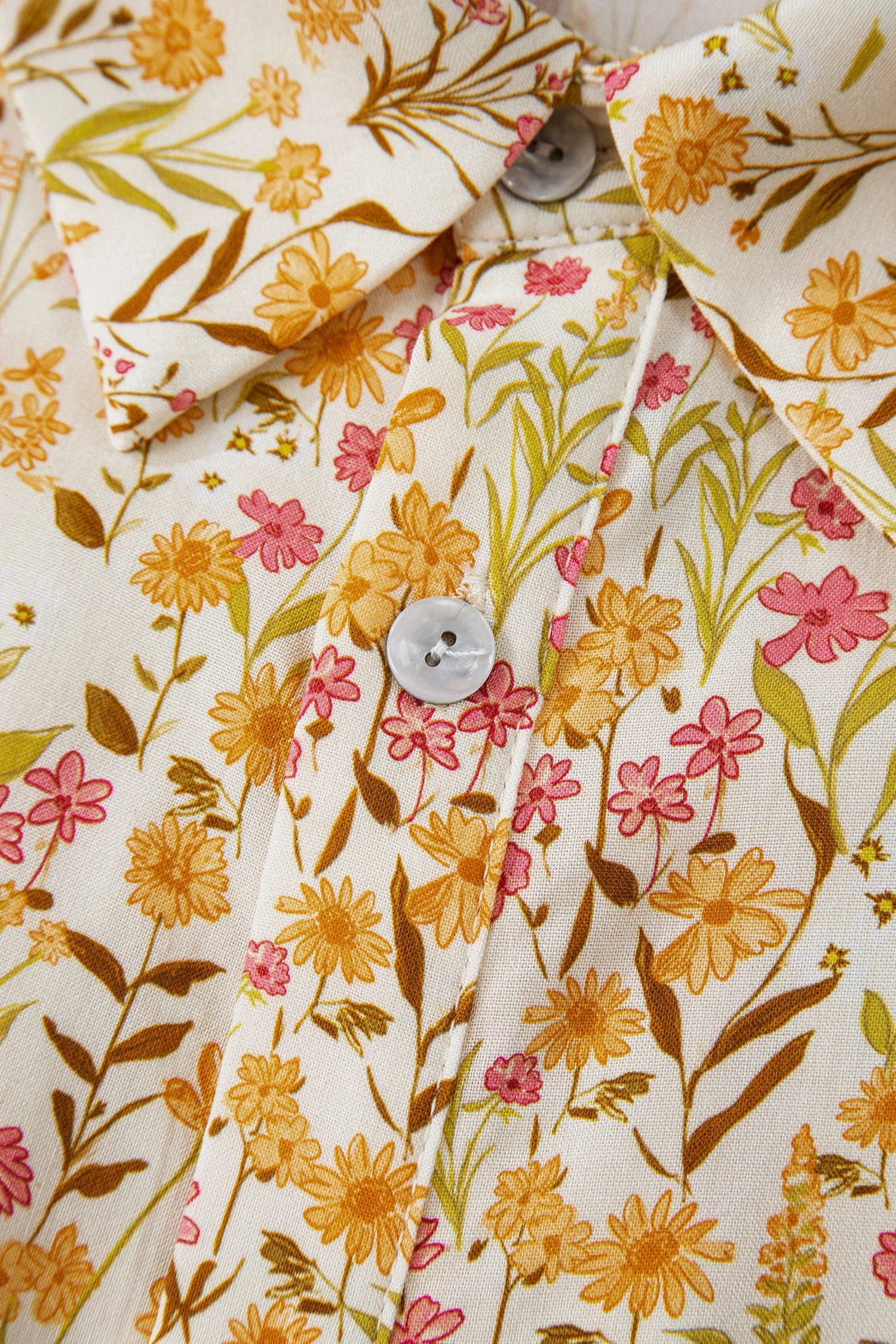 Yellow Floral Print Frilly Trim Smocked Cuff Long Sleeve Loose Shirt Dress - Image 16