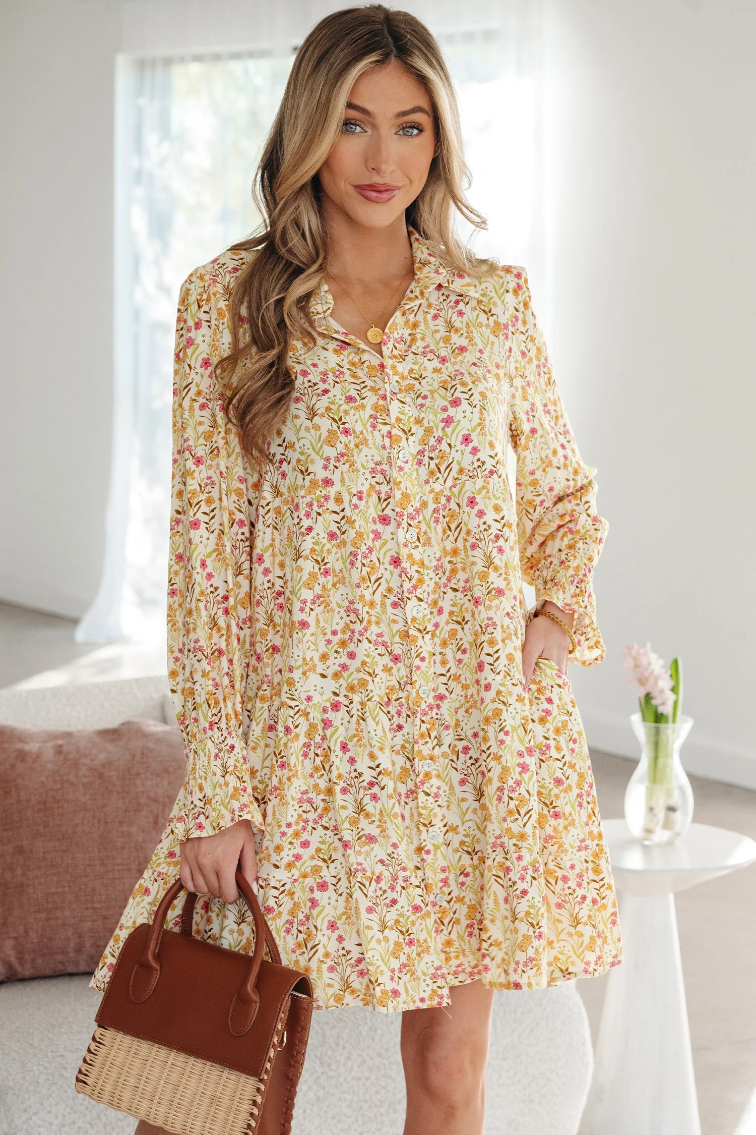 Yellow Floral Print Frilly Trim Smocked Cuff Long Sleeve Loose Shirt Dress - Image 17