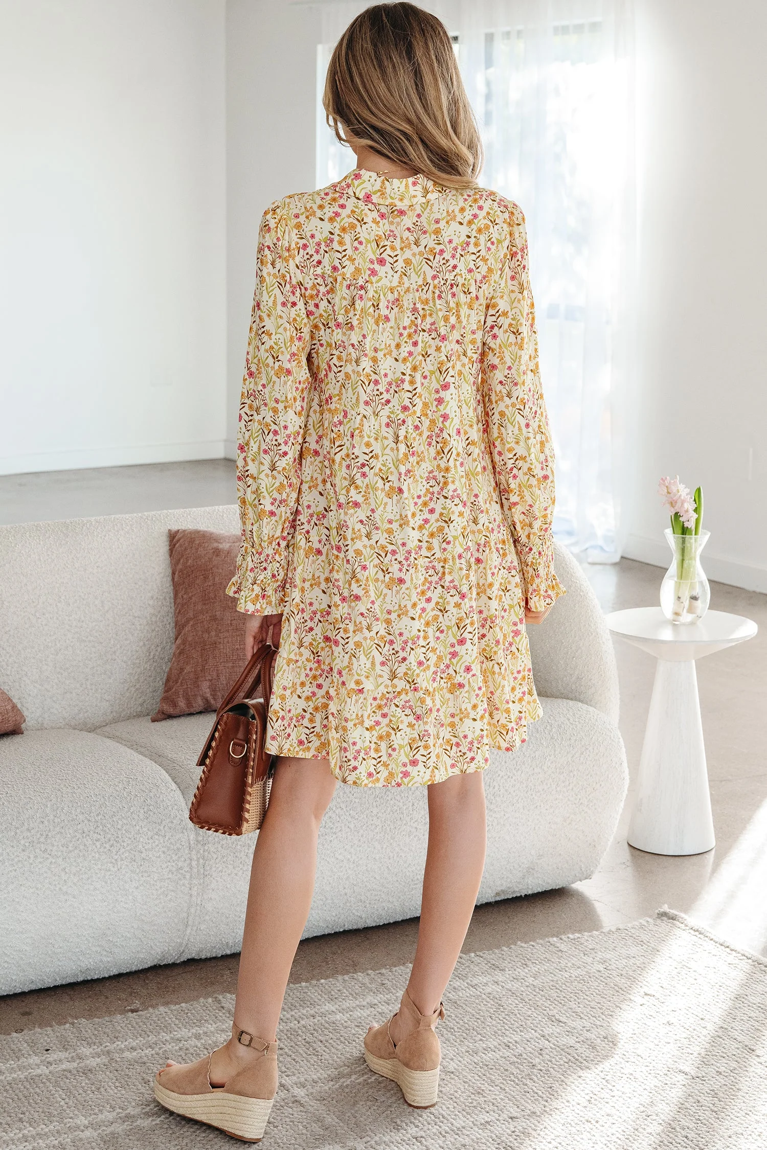 Yellow Floral Print Frilly Trim Smocked Cuff Long Sleeve Loose Shirt Dress - Image 18