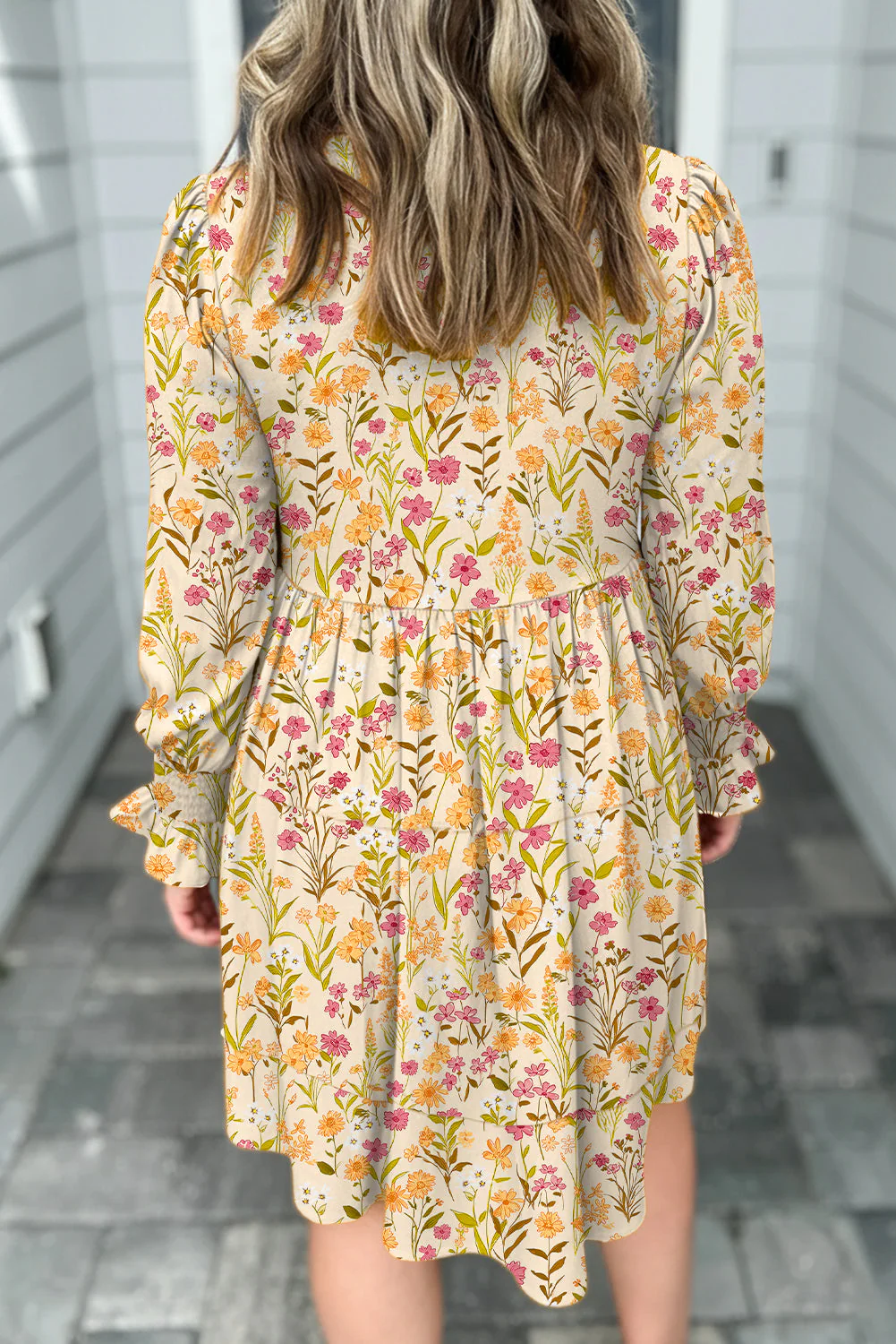 Yellow Floral Print Frilly Trim Smocked Cuff Long Sleeve Loose Shirt Dress - Image 2