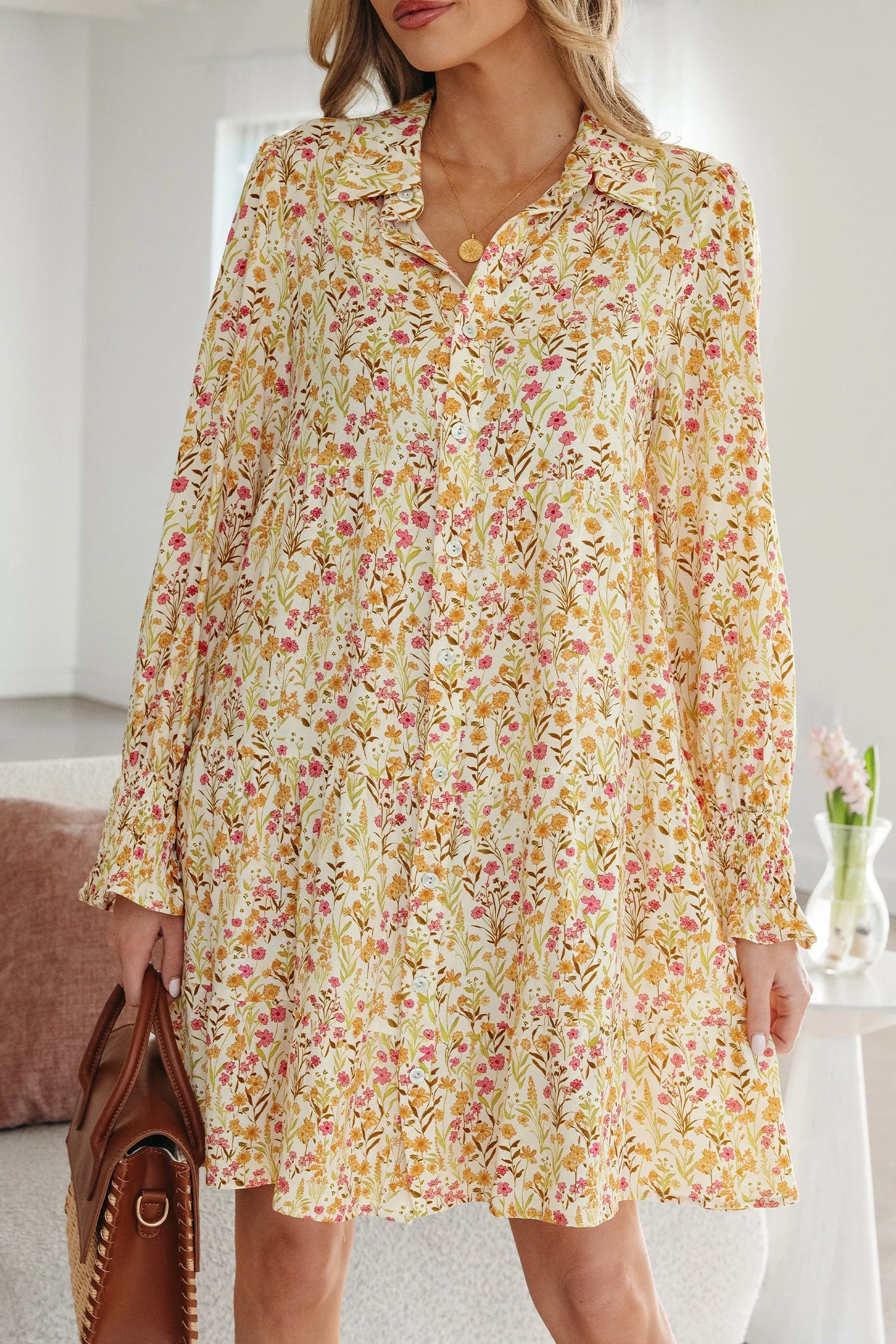 Yellow Floral Print Frilly Trim Smocked Cuff Long Sleeve Loose Shirt Dress - Image 24