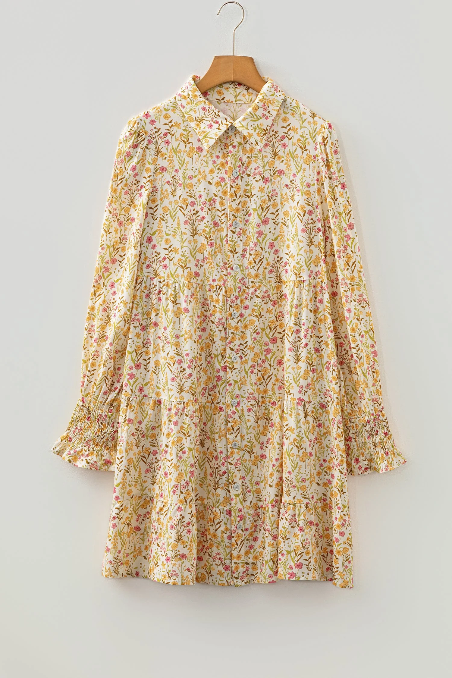 Yellow Floral Print Frilly Trim Smocked Cuff Long Sleeve Loose Shirt Dress - Image 3
