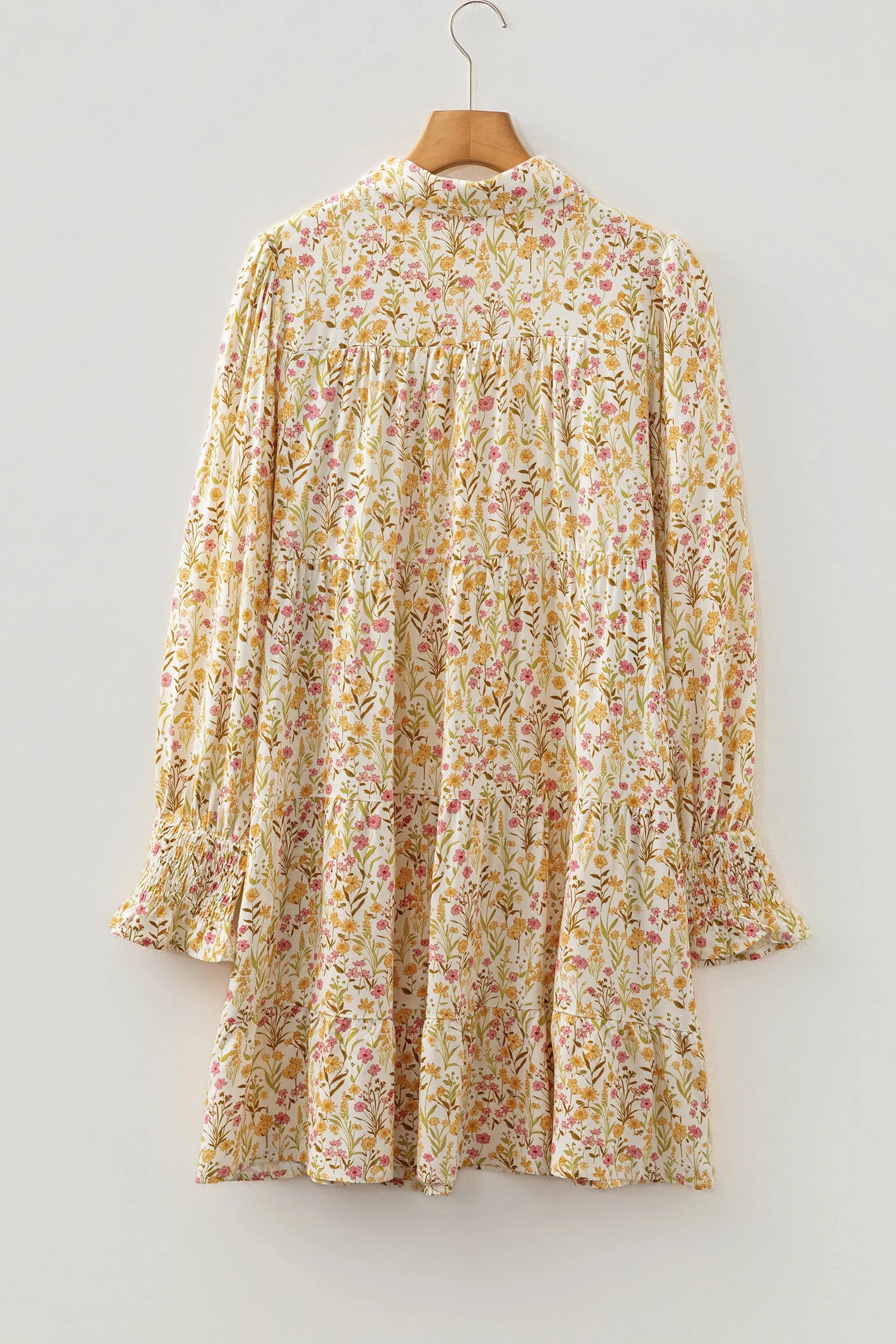 Yellow Floral Print Frilly Trim Smocked Cuff Long Sleeve Loose Shirt Dress - Image 4