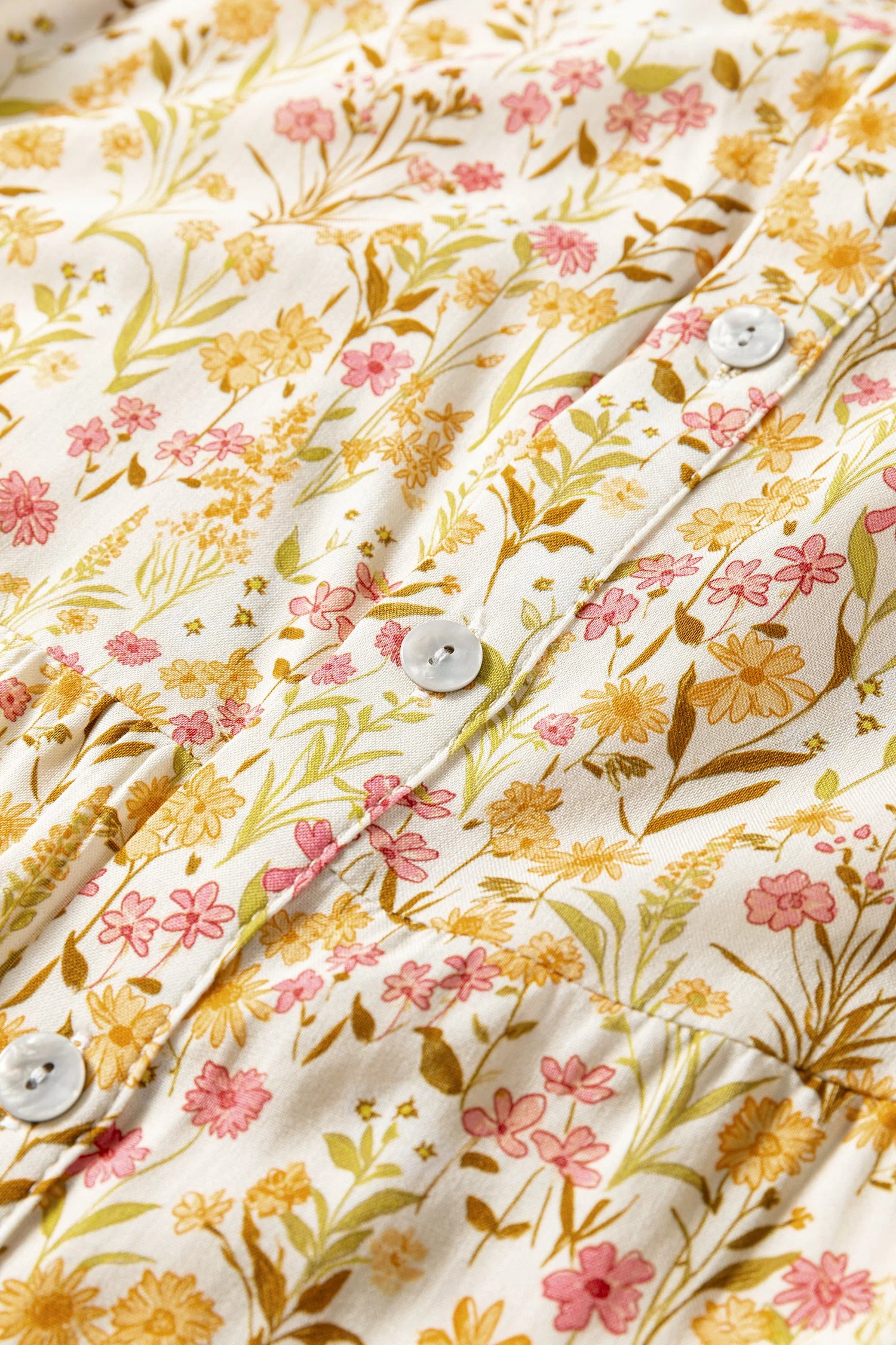 Yellow Floral Print Frilly Trim Smocked Cuff Long Sleeve Loose Shirt Dress - Image 9