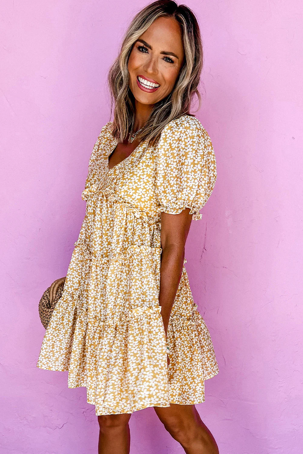 Yellow Floral Short Sleeve V Neck Frill Tiered Mini Dress - Image 3