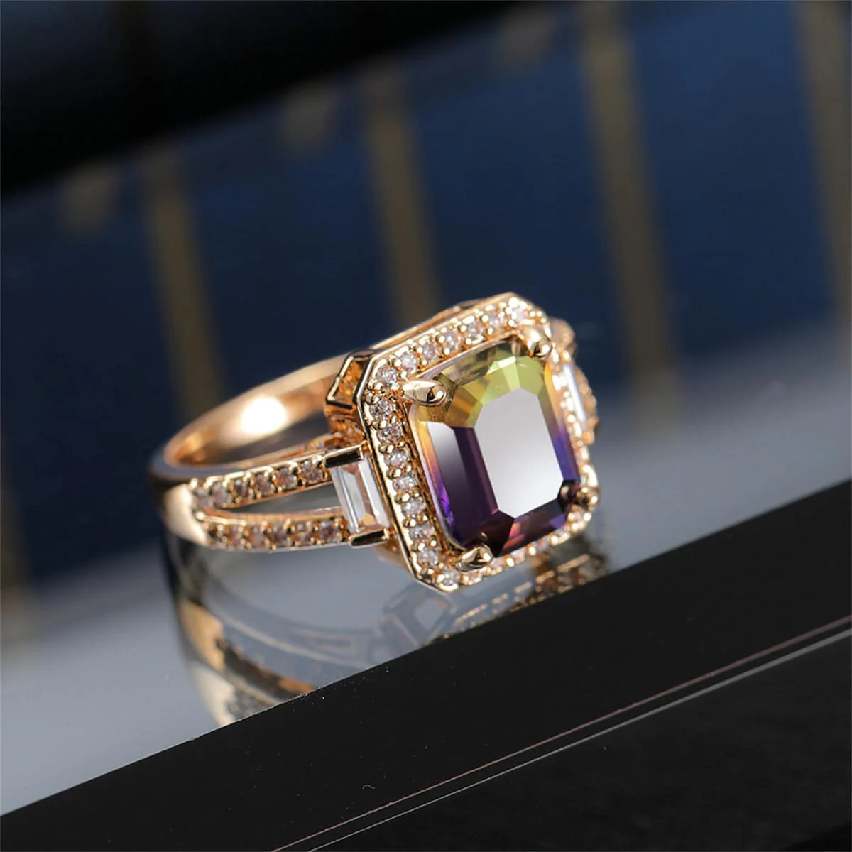 Yellow & Purple Crystal & Cubic Zirconia Princess-Cut Halo Ring - Image 4