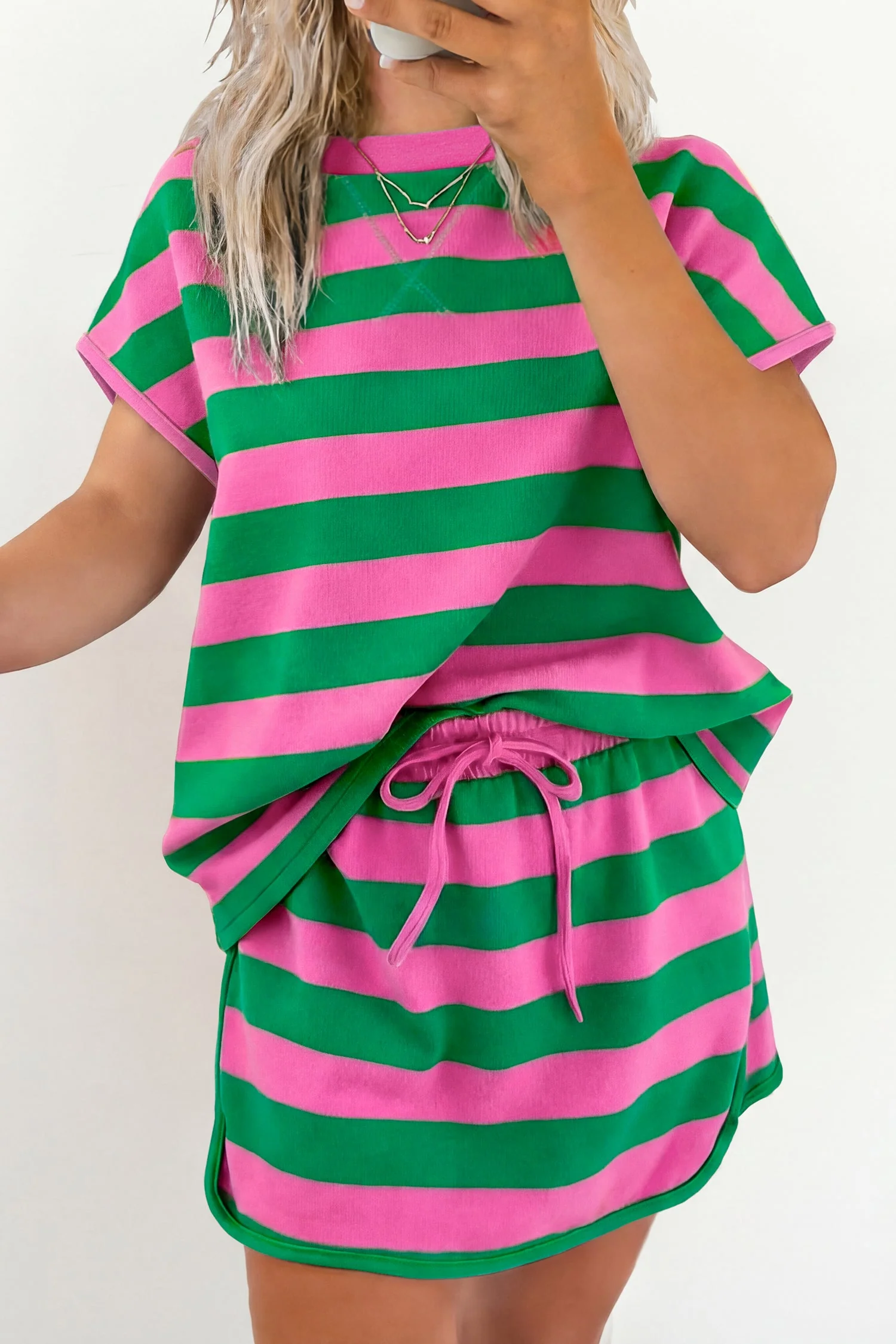 Yellow Stripe Dolman Tee Drawstring Skort Athletic 2pcs Set - Image 21