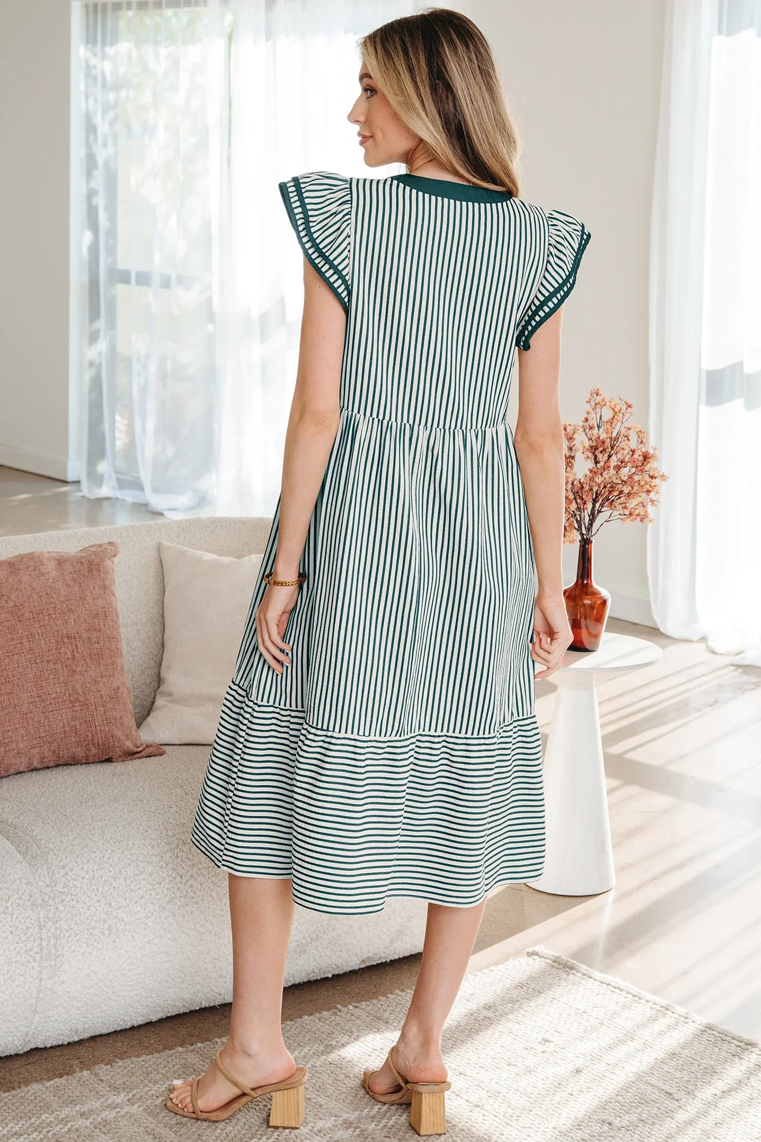 Yessica - Green Stripe Double Ruffled Short Sleeve Midi Dress - Image 2